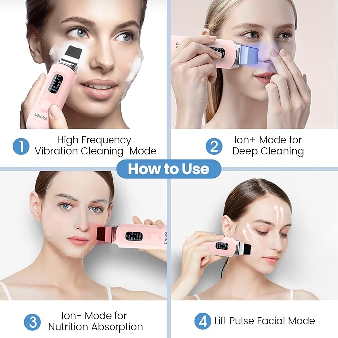 UNIWA Skin Scrubber Face Spatula, Skin Scrubber Pore Cleaner Blackhead Remover Tool for Deep Facial Cleansing - 4 Modes, Face Spatula with USB Charger, LCD Display, IPX7 Waterproof -Pink