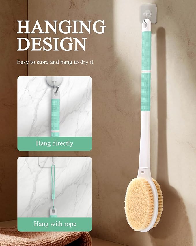 Shower Brush for Massage Dry Brushing: Back Scrubber for Shower with 18.1 in Anti Slip Long Handle - Bath Body Brush for Lymphatic Drainage Exfoliator Improving Skin Health for Women Men Elderly Green