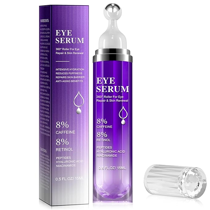 Eye Serum with 8% Caffeine, Hyaluronic Acid, Niacinamide & Peptides for Dark Circles, Puffy Eye Bags, Wrinkles Fine Lines, Anti Aging, Under Eye Treatment Cream with 360° Massage Roller-Ball