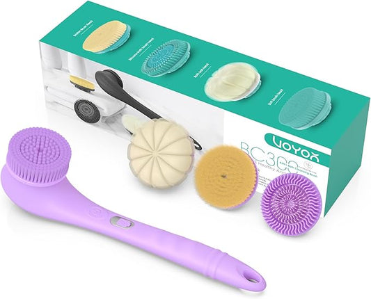 VOYOR Electric Body Brush Back Scrubber Silicone Body Scrubber Two-Way Rotating Brush Head for Deep Cleaning, Exfoliation, 4 Attachments Long Handle IPX6 Rechargeable Shower Brush BC300 (Purple)