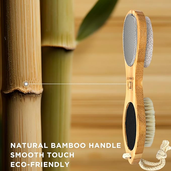 ICANdOIT-2 Packs Natural Bamboo Foot File Callus Remover-Multi Purpose 4 in 1 Feet Pedicure Kit with Boar Bristle Brush,Pumice Stone,Foot Rasp,Sand Paper