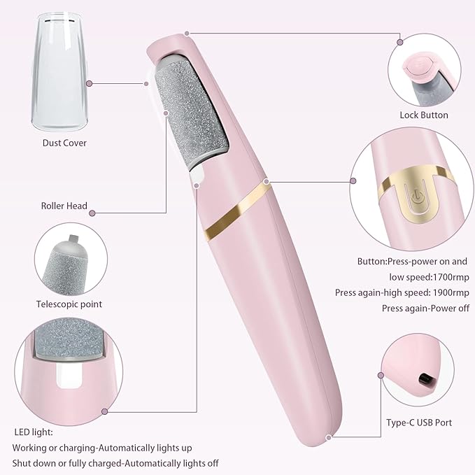 Electric Callus Remover for Feet, Professional Pedicure Tools Foot Care Kit, Foot Scrubber Electric Feet File Smooth Pedi Wand for Hard Cracked Dry Dead Skin, 2 Rollers,2 Speeds,Ideal Gift