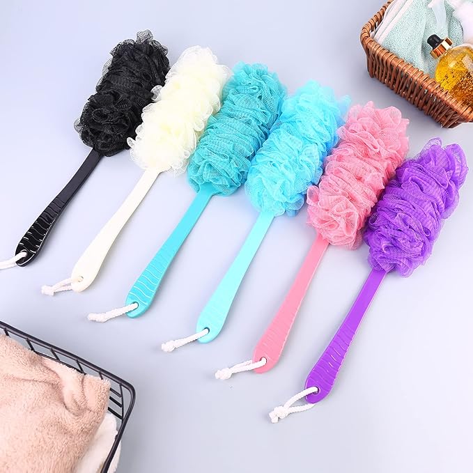 Back Scrubber Brush Long Handle for Shower, Loofah On a Stick Sponge Back Brush, Body Exfoliator Scrubber Bath Brush for Men Women, Exfoliating Cleaning Back Scrubber for Elderly (2 Pack-Green+Purple)