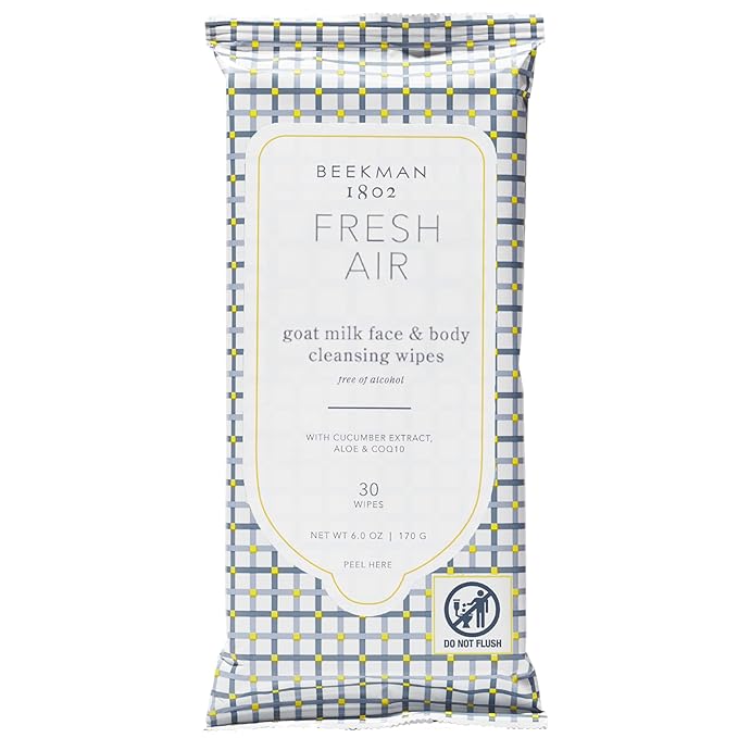 Beekman 1802 Face & Body Wipes, Fresh Air - Scented - 30 Count - Cleanses Dirt & Makeup - With Goat Milk, Aloe & Vitamin E - Alcohol Free, Biodegradable - Good for Sensitive Skin - Cruelty Free