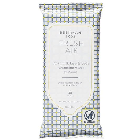 Beekman 1802 Face & Body Wipes, Fresh Air - Scented - 30 Count - Cleanses Dirt & Makeup - With Goat Milk, Aloe & Vitamin E - Alcohol Free, Biodegradable - Good for Sensitive Skin - Cruelty Free