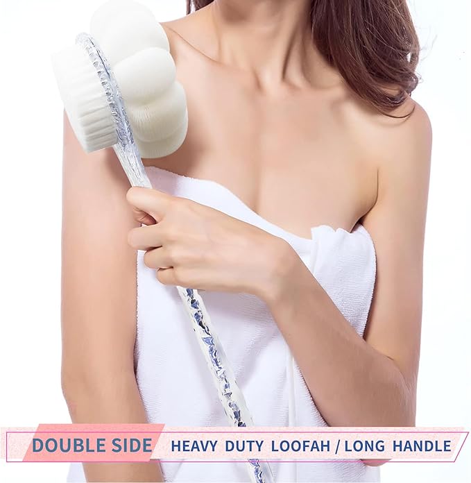Body Brush Dual-Sided Shower Brush Back Scrubber, Premium Medium Soft and Stiff Bristles,Back Scrubber for Shower, Perfect Durable Non-Slip Long Handle Bath Brush (Transparent Handle)
