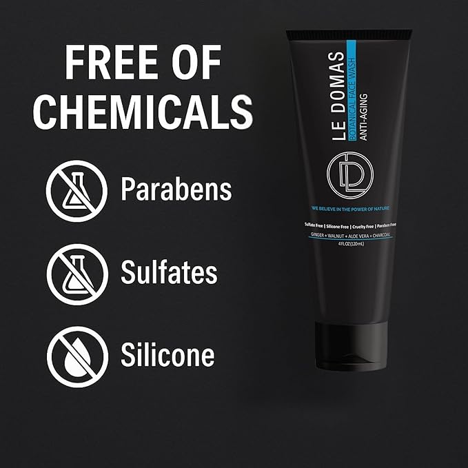 Botanical Face Wash with Ginger, Walnut, Aloe Vera & Charcoal – Hydrating Facial Cleanser for Men & Women – Sulfate Free, Gentle Skin Care Products & Face Wash for All Skin Types, 4 fl oz