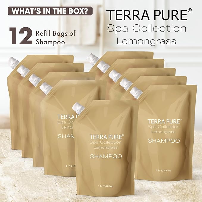Terra Pure Spa Collection 1 Liter Shampoo Refill Bag For Soap Dispensers | Bulk Toiletries for Vacation Rentals, and Home Bathroom Showers | Green Tea Lemongrass | Set of 12