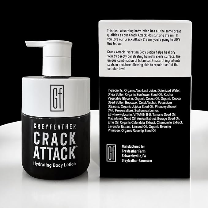 Crack Attack Hydrating Body Lotion for Dry Cracked Skin – Fast Absorbing, Mint Scented, Non-Greasy Moisturizer with Aloe, Shea Butter, Emu Oil, Tamanu – Heals Hands, Feet, Elbows, Full Body Repair