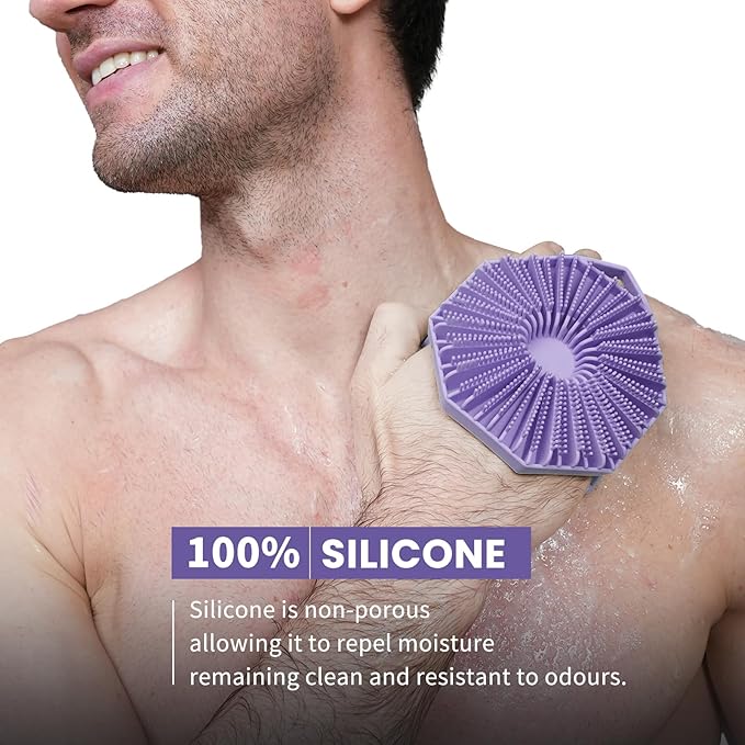 iTokGoK® Premium Silver-Infused 2 in 1 Silicone Body Scrubber, Double-Sided Design Body Brush Silicone Body Scrubber Exfoliating Body Brushes for All Skin for Showering, Lathers Well - Lavender