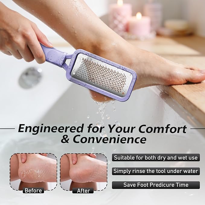 BALUCA Professional Foot File & Callus Remover - Stainless Steel Foot Rasp & Metal Feet Scrubber, Pedicure Tool for Hard Skin & Dead Skin Removal, Cracked Heel Repair for Baby Soft Feet (Purple)