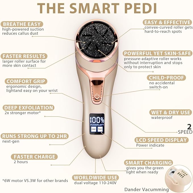 Electric Callus Remover for Feet, Portable Pedicure Kit Foot File Callus Remover, Rechargeable Waterproof Foot File for Foot Care Deadskin Remover with 9Head&LCD Display, Gold