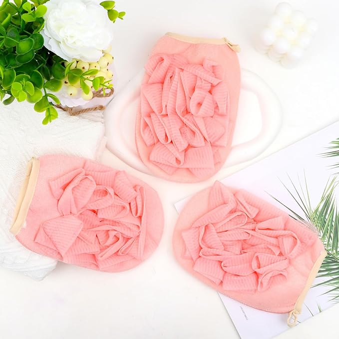 3 Pack Bath Loofah Body Sponge Brushes Loofah Exfoliating Glove Bath Shower Glove with Flower Bath Ball (Pink)