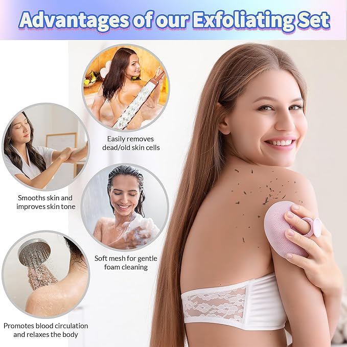 Deep Exfoliating Bath Set 3PCS: 2 Super Soft Sunflower Suction Cup Bath Balls, & 2-in-1 Long Exfoliating Shower Towel, Body & Back Scrubber Exfoliator, Body Massage Scrub & Shower Loofah Sponge