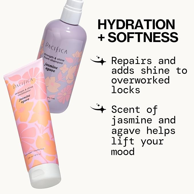Jasmine Agave Strengthening Shampoo & Conditioner Set – Clean Vegan Shampoo & Conditioner for Weak Or Brittle Hair (Including Color-Treated), Stronger, Shinier Strands, No Silicones or Parabens