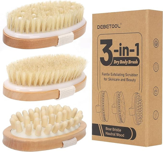 3-Pack Dry Body Brush with Massage Brush Exfoliating Dry Brushing Body Brush for Lymphatic Drainage, Natural Boar Bristle Dry Brush for Body Cellulite Improving Blood Circulation
