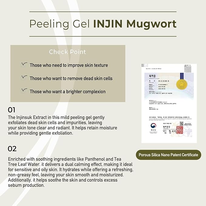 INJIN Mugwort Mild Peeling Gel - Gentle Exfoliator for Sensitive and Oily Skin | Korean Beauty Skincare Solution for Bright, Clean, and Moist Complexion