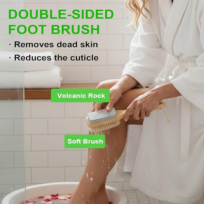 Premium Dry Brushing Body Brush Set, Natural Body Brush Wood Long Handle with Dual-Purpose Brush, Bullet Head Massager,Sisal Bath Bar,Stone Brush, Boar Bristle Face Cleansing Brush for A Glowing Skin