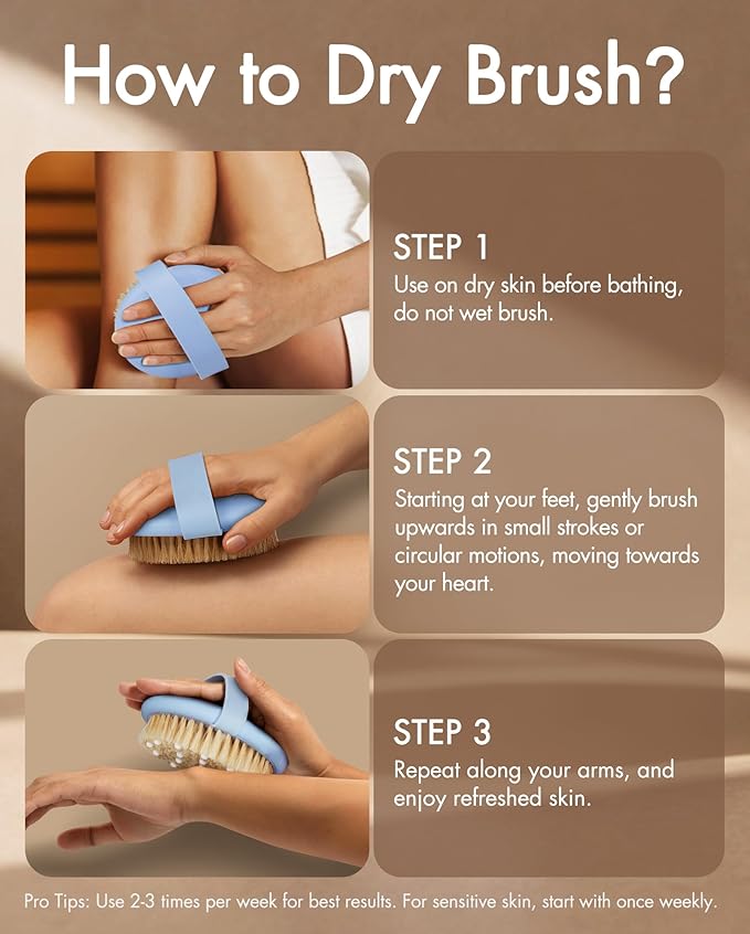 Dry Brushing Body Brush for Massage - Natural Boar Bristle Exfoliating Brush with Massage Nodes for Lymphatic Drainage, Cellulite, Blood Circulation Improving Skin Health for Women Men Elderly(Blue)