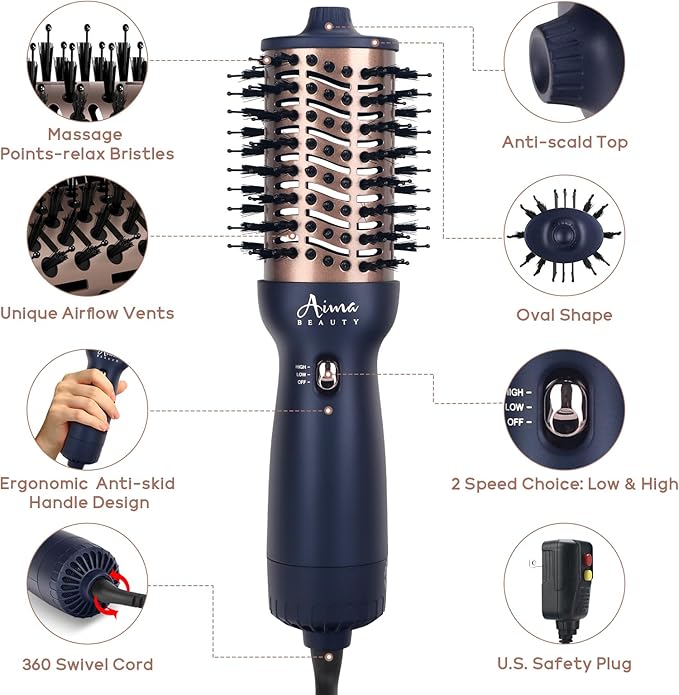Aima Beauty Worldwide Travel Hair Dryer Brush 110-240V Dual Voltage Blow Dryer Brush Hot Air Brush Oval Barrel 360° Hot Airflow, Negative Ionic Frizz-Free Dry/Straightening/Voluming,Prussian Blue