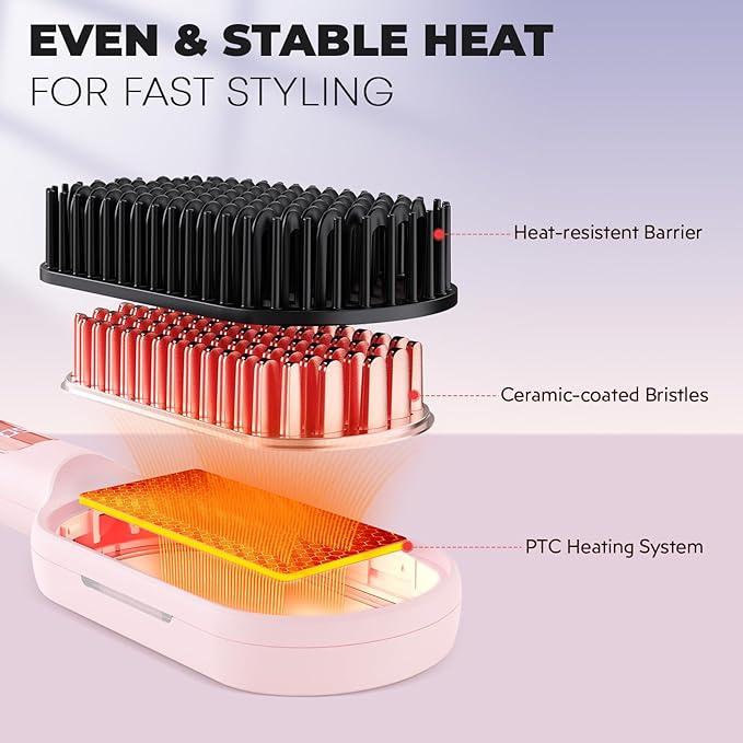 LANVIER Hair Straightener Brush, Ionic Straightening Brush with Infrared, Heated Straightening Comb with Negative Ions, Dense Bristles, 32 Temps, Dual Voltage, Flat Iron Comb for All Hair Type