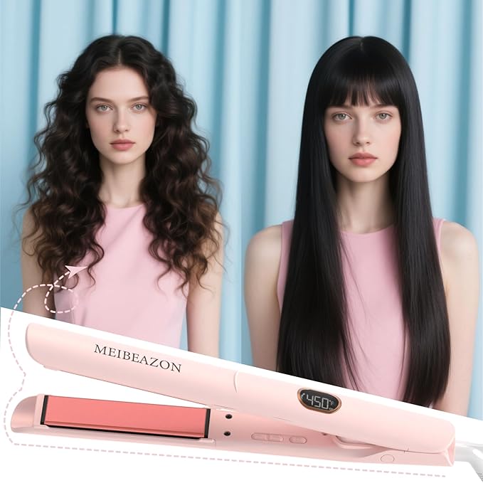 Flat Iron Hair Straightener and Curler 2 in 1, Professional 3D Floating Ceramic Plates with Dual Voltage, Negative Ion, LED Display & Auto Shut-Off for Smooth, Shiny, Frizz-Free Hair