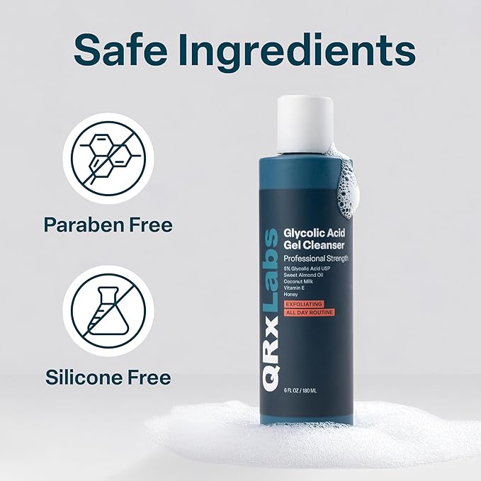 QRxLabs Glycolic Acid Face Wash Gel Cleanser - Ingrown Hair Relief & Dark Spot Correction Facial Exfoliator - Oil Control Cleanser - Unscented, 6 Fl Oz