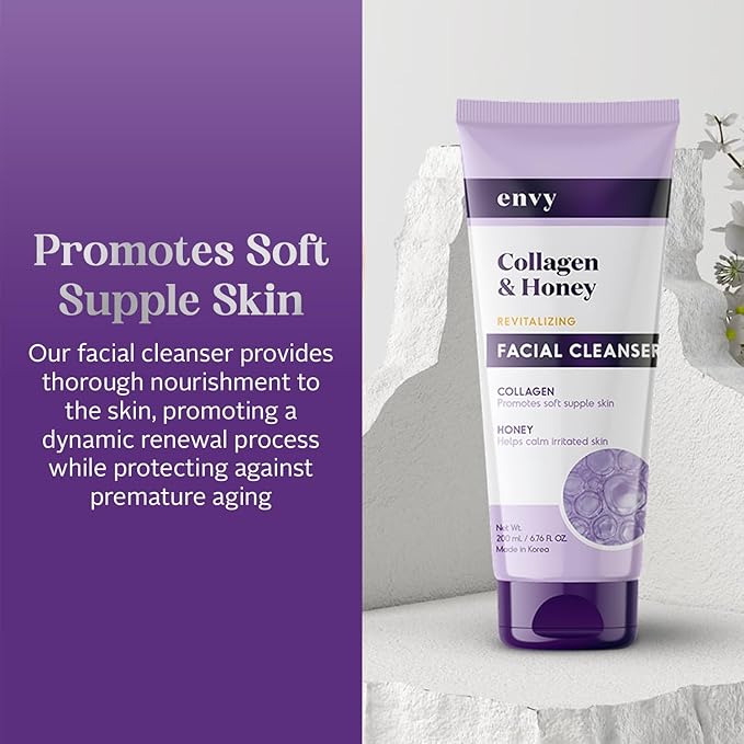 Envy Facial Cleanser with Collagen & Honey - Reduces Fine Lines, Wrinkles & Hydrating - Clean, Cruelty-Free Korean Skin Care for All Skin Types - Dermatologist Tested - 6.76 oz