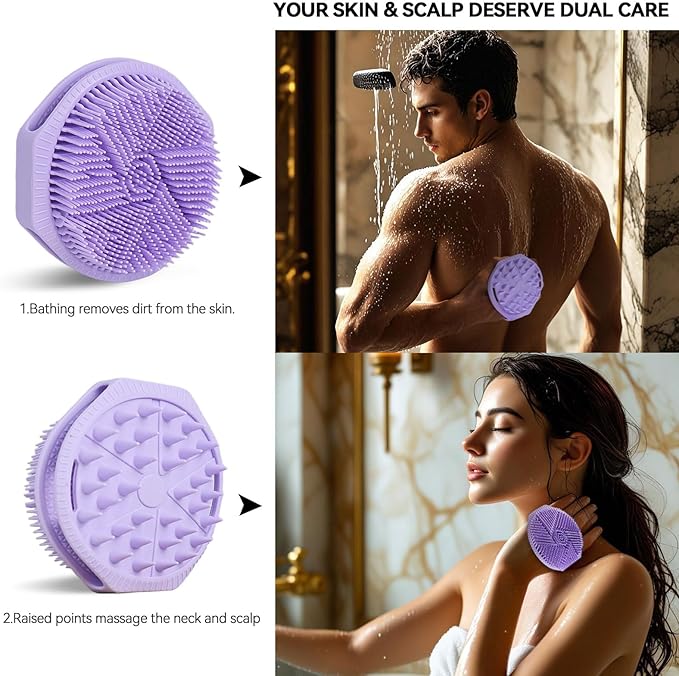 Dual-Sided Silicone Body Scrubber as Stocking Stuffers, Silicone Loofah for Shower Exfoliating Body Brush Scrubber for Men and Women for All Skin, Scalp Massager Lather Well＆Easy to Clean (Purple)