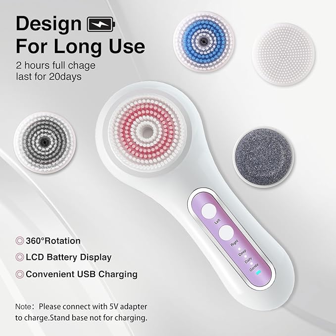 Face Scrubber Exfoliator, Rechargeable Facial Cleansing Brush with 2-Way Rotation & 3 Modes, 30-Day Runtime, 5 Brush Heads for SPA-Level Care, IPX7 Waterproof, Deep Cleaning for All Skin Types