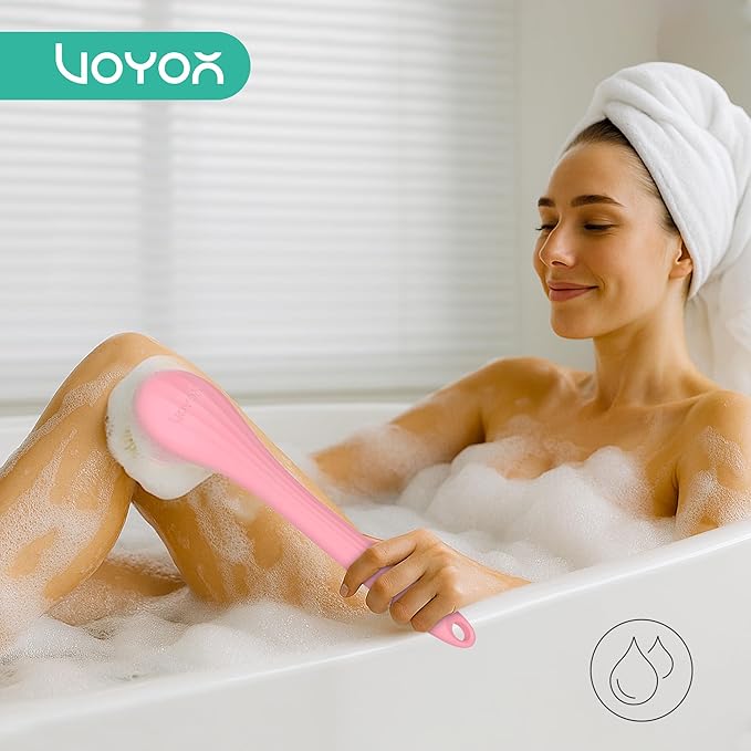 VOYOR Electric Body Brush Back Scrubber Silicone Body Scrubber Two-Way Rotating Brush Head for Deep Cleaning, Exfoliation, 4 Attachments Long Handle IPX6 Rechargeable Shower Brush BC300 (Pink)