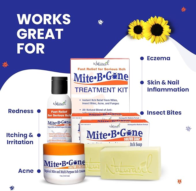 Natural, Calming Itch Relief Pack by Mite-B-Gone - 10% Sulfur Lotion (4oz) + 2 Soaps | Treats Bites, Acne, Itching, Rosacea & Irritation | Safe for Kids & Adults | Fast & Effective for All Skin Types