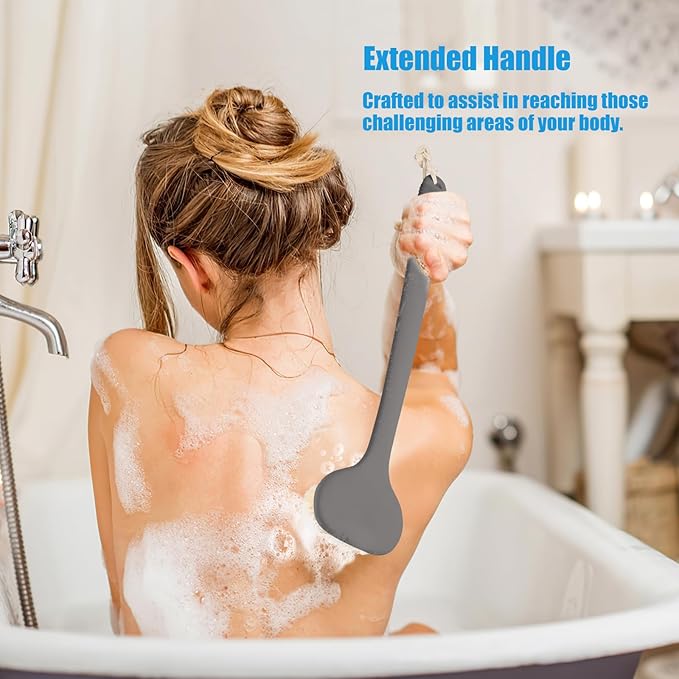 VANZAVANZU Back Scrubber for Shower, Bath Brush with 17-Inch Long Anti-Slip Handle, Wet and Dry Brushing Body Brush for Body Cleansing, Back Brush for Men and Women (Grey)