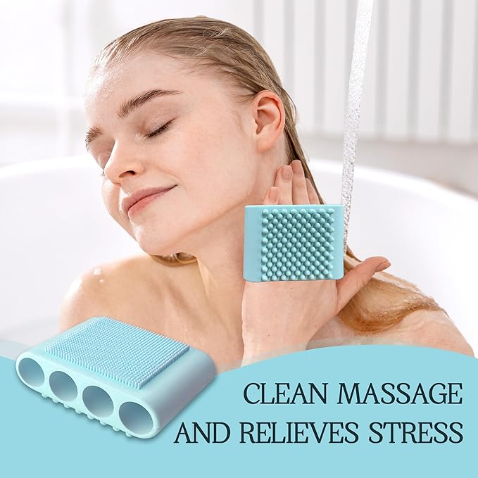 1PCS Silicone Body Scrubber Exfoliator- Bath Loofah & Sponges Alternative 4-Finger Non-Slip Grip Face & Scalp Scrubber for Sensitive Skin Body Brush for Men & Women (Blue)