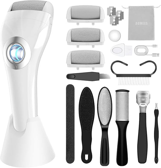 Upgraded Rechargeable Foot Callus Remover, Professional Electric Foot File, 10 in 1 Pedicure Tools Foot Care Kit Pedi Feet Care for Dead, Hard Cracked Dry Skin Ideal Gift (White)