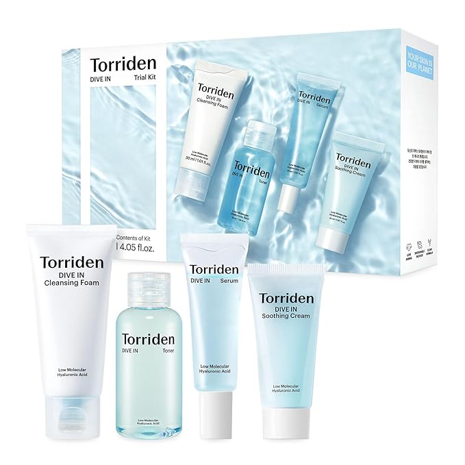 Torriden DIVE IN Trial Kit | Hyaluronic Acid Infused Daily Skincare Kit - 4 Step Regimen with Foam Cleanser, Facial Toner, Serum, and Cream | Travel Essential | Holiday Gift Stocking Stuffer