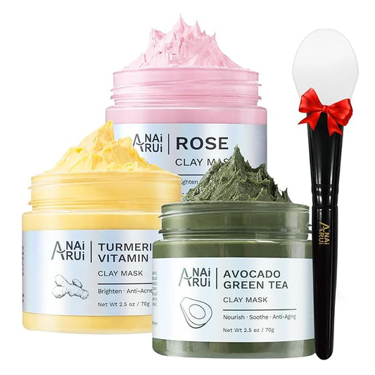 ANAI RUI 3 Pack Pore Purity Cleansing Clay Mask Set Absorbs Excess Oil,Turmeric Vitamin C Clay Mask -Rose Facial Mask -Avocado Green Tea Mud Mask,Facial Mask Skincare for Deep Cleansing 2.5 oz each