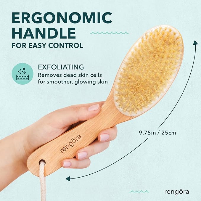Dry Brushing Body Brush, Body Scrubber Dual-Use for Wet/Dry Exfoliating, Great for Lymphatic Drainage, Natural Boar Bristles, Ergonomic Handle, Makes a Nice Gift by Rengora