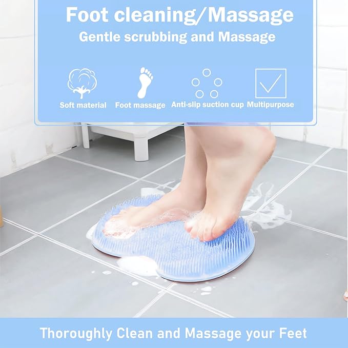 Shower Foot and Back Scrubber Mat,Wall Mounted Shower Foot Scrubber with Suction Cups,Exfoliating Silicone Massage Foot Cleaner for Shower(Blue)