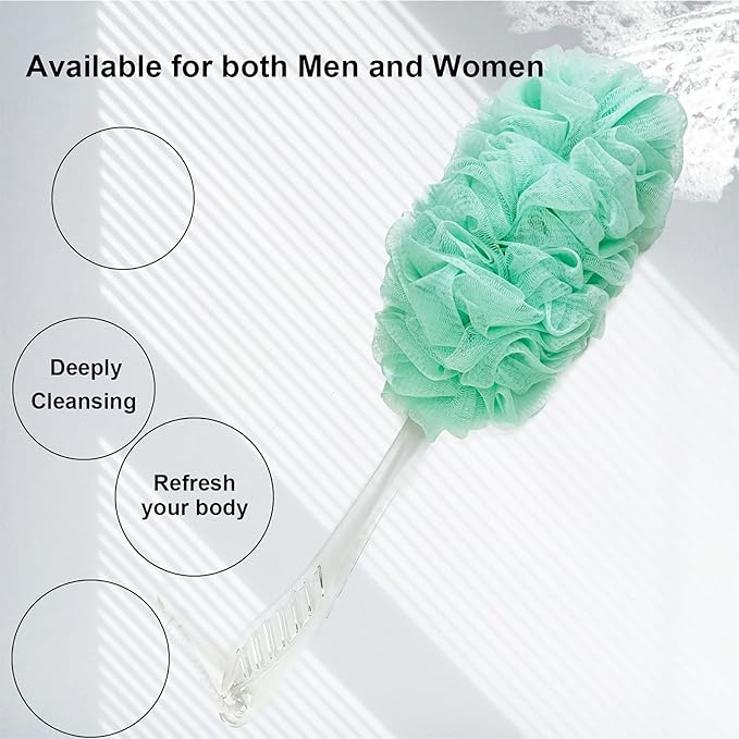 PPHAO - Bath Loofahs on a Stick for Men - Bath Brush Long Handle for Shower Elderly - Loofah Sponge for Women - Plastic Loofah - Bath Body Brush - Green Loofah - 2Pack