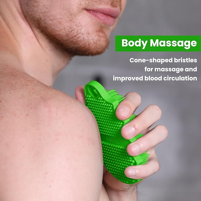 Silicone Body Scrubber Silver-Infused Dual-Sided 3-in-1 for Shower, Body Cleaning+Massage+Exfoliator Body Brush Buffer for Men and Women, Silicone Loofah, Non-Slip Handle (Green)