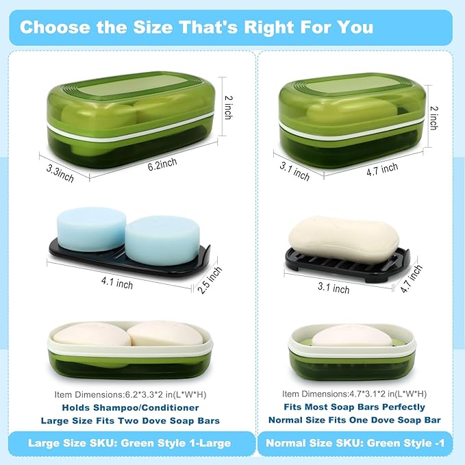 Solid Shampoo Bar Holder, Large Bar Soap Holder, Travel Soap Container, Soap Box with Draining Layer, Soap Case for Bathroom, Traveling, Gym, Camping (Green Style-1-Large)