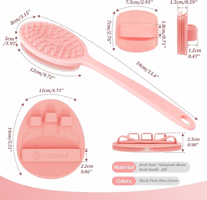 Silicone Back & Face Scrubber & Bath Glove Set 3PCS, 13.4'' Gentle Back Scrubber with Dual-Side Head, 360° Anti-Slip Bath Glove, Unique Side-bristled Face Scrubber for All-Round Cleaning(Pink)