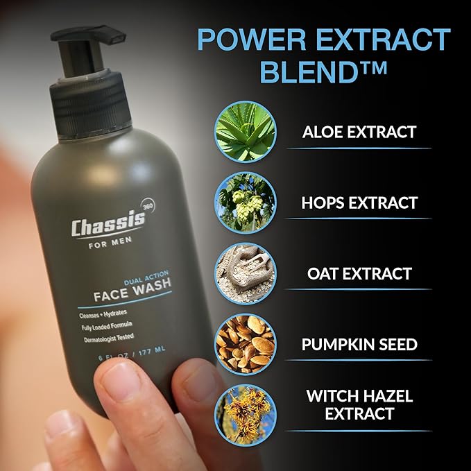 Chassis 360 Dual Action Face Wash - Hydrating & Oil Control Men's Face Wash with Niacinamide, Vitamin C & Hyaluronic Acid - Free From Phthalates, Parabens & Sulfates - Unscented Cleanser - 6 Fl Oz