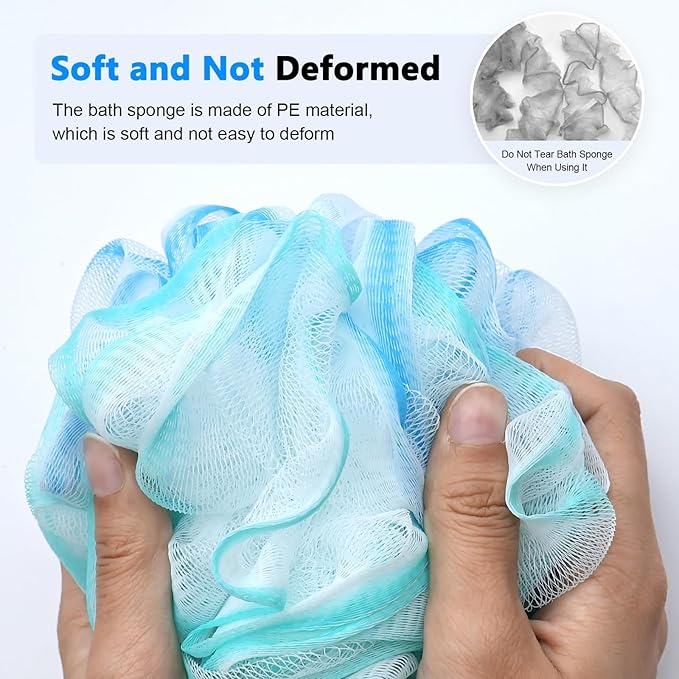 Loofah on a Stick PE Soft Mesh Luffa with Non-Slip Wooden Handle Made of Soft and Sturdy Rubber Material Back Scrubber for Shower for Women and Men with String for Easy Hanging(Blue Green White)