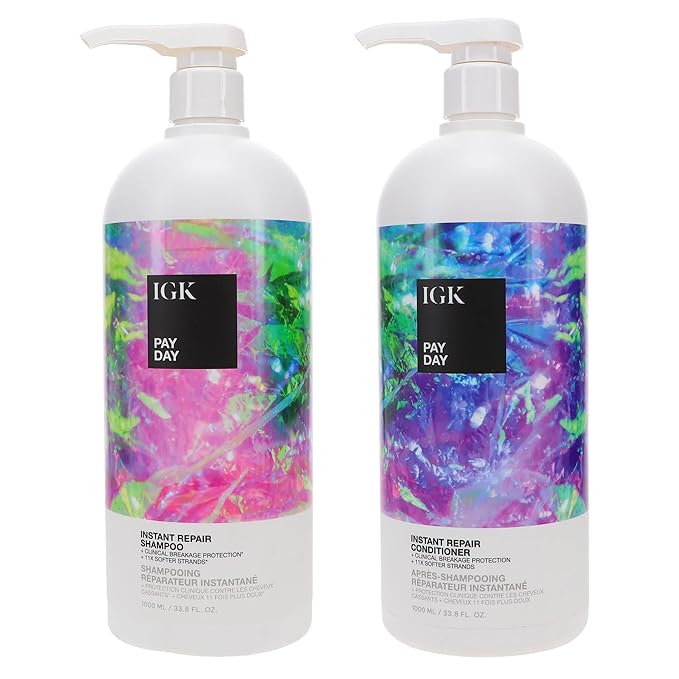 IGK Pay Day Instant Repair Shampoo and Conditioner Set | Bond-Building + Damage Repair | Vegan + Cruelty Free | Set of 2