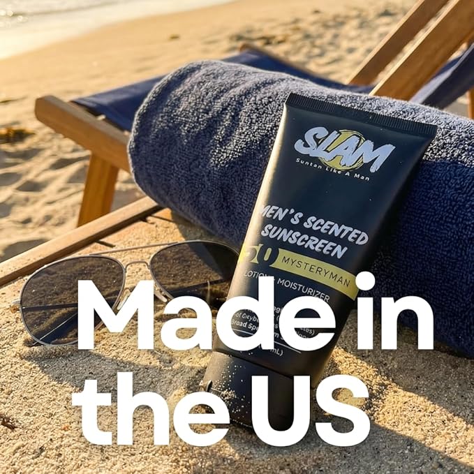 SLAM Men's Sunscreen Lotion SPF 50 & Moisturizer – Face & Body Sunblock, Anti-Aging, Water-Resistant, Hawaii Act 104 Safe, Skincare for Men, Unscented – 3 fl oz.each. Double pack.