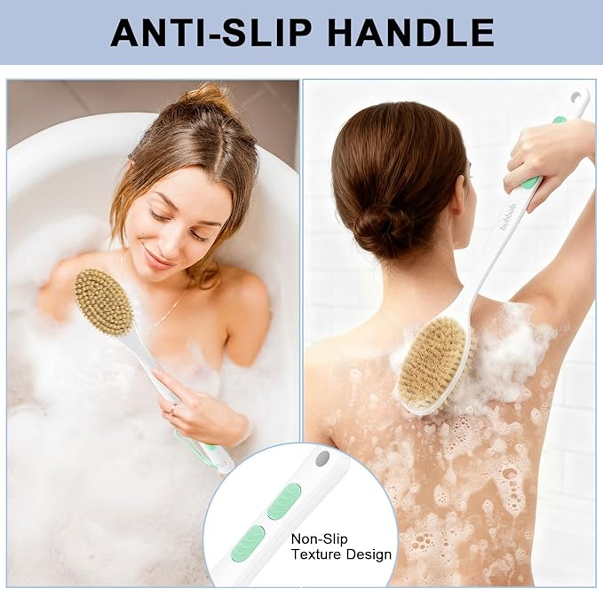 Back Scrubber for Shower with Long Handle, Exfoliating Bath Brush for Body - Double Sided Bristles (Stiff & Soft), Anti-Slip Grip, Lightweight - Gift for Seniors, Includes Lanyard & Hook,Green