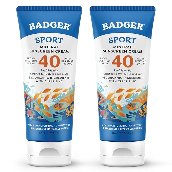 Badger Reef Safe Sport Mineral Sunscreen - Unscented SPF 40, 98% Organic, Water Resistant Zinc, Approved for Hawaii & Mexico Reefs, 2.9 fl oz, 2-Pack