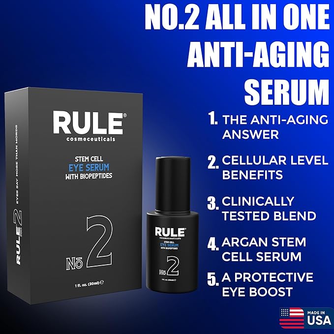 RULE No.2 Stem Cell Serum for Dark Circles and Puffiness, Advanced Anti Aging Argan Serum Eye Bags Treatment for Men, Firm Lift & Reduce Wrinkles with BioPeptides Vitamin E Eye Gel Cream, 30ml
